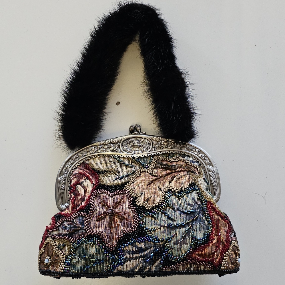 Floral Beaded Evening Bag with Black Handle